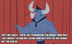 Size: 778x478 | Tagged: safe, edit, edited screencap, screencap, character:iron will, species:minotaur, episode:putting your hoof down, g4, my little pony: friendship is magic, book, caption, horns, image macro, male, pdf, reading, solo, talking, text, victorian, victorian age