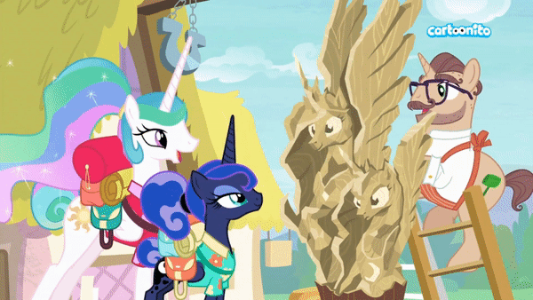 Size: 600x338 | Tagged: safe, edit, edited screencap, screencap, character:princess celestia, character:princess luna, character:vino veritas, species:pony, species:unicorn, episode:between dark and dawn, g4, my little pony: friendship is magic, animated, cartoonito logo, gif, hammer, magic, magic aura, male, reversed, stallion, statue, stubble, telekinesis, this will end in tears and/or a journey to the moon, trolluna, wood