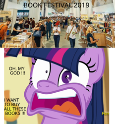 Size: 1300x1400 | Tagged: safe, edit, edited screencap, screencap, character:twilight sparkle, character:twilight sparkle (alicorn), species:alicorn, species:pony, book, obligatory pony, shocked, that pony sure does love books, twilight fuel