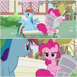 Size: 1000x1000 | Tagged: safe, edit, edited screencap, screencap, character:pinkie pie, character:rainbow dash, species:earth pony, species:pegasus, species:pony, episode:daring done, caption, clothing, dressing, duo, hoof hold, image macro, newspaper, song reference, text