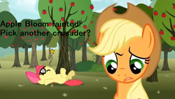 Size: 640x360 | Tagged: safe, edit, edited screencap, screencap, character:apple bloom, character:applejack, species:pony, episode:the super speedy cider squeezy 6000, g4, my little pony: friendship is magic, apple tree, circling stars, confused, crossover, dizzy, fainted, meme, on back, passed out, pokémon, reference, sweet apple acres, swirly eyes, tree