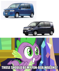 Size: 1500x1800 | Tagged: safe, edit, edited screencap, screencap, character:spike, species:dragon, episode:father knows beast, g4, my little pony: friendship is magic, baby, baby dragon, caption, car, crystal, cute, excited, eyebrows, folded wings, green eyes, grin, gullible, happy, honda, honda mobilio spike, hopeful, image macro, impact font, male, meme, namesake, pun, puppy dog eyes, smiling, solo, spikabetes, teeth, text, that's my x, twilight's castle, window, winged spike, wings