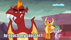 Size: 960x540 | Tagged: safe, edit, edited screencap, screencap, character:garble, character:smolder, character:spike, species:dragon, episode:sweet and smoky, g4, my little pony: friendship is magic, caption, cartoonito logo, dragoness, female, image macro, implied spolder, italian, male, siblings, silly, text, trio, very silly, very very silly, winged spike