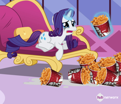 Size: 546x467 | Tagged: safe, edit, edited screencap, screencap, character:rarity, species:chicken, species:pony, episode:inspiration manifestation, g4, my little pony: friendship is magic, chicken meat, couch, cropped, crying, female, food, fried chicken, kfc, marshmelodrama, meat, ponies eating meat, solo, this will end in weight gain