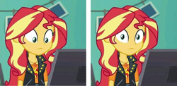 Size: 1872x911 | Tagged: safe, edit, edited screencap, screencap, character:sunset shimmer, equestria girls:forgotten friendship, g4, my little pony: equestria girls, my little pony:equestria girls, cropped, editception, edited edit, female, geode of empathy, i've seen some shit, looking at something, looking at you, magical geodes, meme, reaction image, solo, wut face