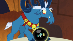 Size: 1260x720 | Tagged: safe, edit, edited screencap, screencap, character:grogar, character:gusty, character:gusty the great, episode:the beginning of the end, g4, my little pony: friendship is magic, bell, crystal ball, grogar's bell, grogar's orb, shocked, shocked eyes, shocked face, story