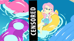 Size: 1366x768 | Tagged: safe, edit, edited screencap, screencap, character:fluttershy, episode:i'm on a yacht, g4, my little pony: equestria girls, my little pony:equestria girls, spoiler:eqg series (season 2), adorasexy, bedroom eyes, censor bar, censored, cute, eyeliner, eyeshadow, family friendly, feet, female, floaty, flutterfeet, geode of fauna, inflatable, inflatable toy, lidded eyes, magical geodes, makeup, pool toy, sexy, soles, solo, stupid sexy fluttershy, swimming pool, unnecessary censorship, water