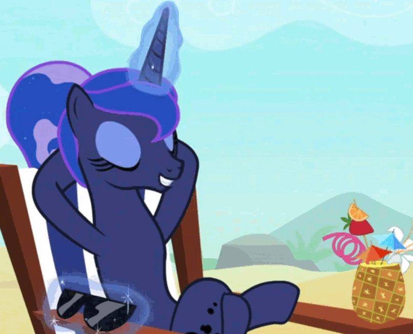 Size: 806x652 | Tagged: safe, edit, edited screencap, screencap, character:princess luna, species:alicorn, species:pony, episode:between dark and dawn, g4, my little pony: friendship is magic, alternate hairstyle, animated, barehoof, beach, beach chair, crossed legs, deal with it, drink, eyelashes, eyeliner, eyes closed, female, folded wings, gif, glowing horn, hair bun, hooves behind head, horn, levitation, lidded eyes, magic, magic aura, makeup, mare, meme, no shame, open mouth, reaction image, reclining, relaxing, solo, stupid sexy princess luna, sunglasses, telekinesis, we don't normally wear clothes, wingless, wings