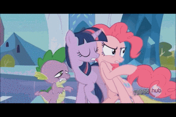 Size: 360x240 | Tagged: safe, edit, edited screencap, screencap, character:fluttershy, character:pinkie pie, character:spike, character:twilight sparkle, episode:the crystal empire, g4, my little pony: friendship is magic, animated, crystal empire, flutterspy, reversed