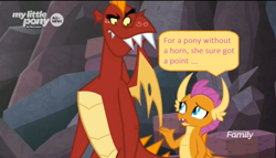 Size: 1328x760 | Tagged: safe, edit, edited screencap, screencap, character:garble, character:smolder, episode:sweet and smoky, g4, my little pony: friendship is magic, brother and sister, dialogue, discovery family logo, female, grammar error, male, siblings, speech bubble