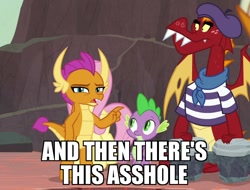 Size: 788x600 | Tagged: safe, edit, edited screencap, screencap, character:garble, character:smolder, character:spike, species:dragon, episode:sweet and smoky, g4, my little pony: friendship is magic, and then there's this asshole, beret, bongos, clothing, cropped, hat, meme, shirt, vulgar