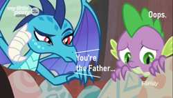 Size: 1280x725 | Tagged: safe, edit, edited screencap, screencap, character:princess ember, character:spike, species:dragon, ship:emberspike, episode:sweet and smoky, g4, my little pony: friendship is magic, caption, dragon egg, egg, female, male, shipping, straight, you're the father