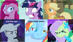 Size: 1280x742 | Tagged: safe, edit, edited screencap, screencap, character:applejack, character:fluttershy, character:pinkamena diane pie, character:pinkie pie, character:rainbow dash, character:rarity, character:twilight sparkle, species:pony, episode:applebuck season, episode:for whom the sweetie belle toils, episode:lesson zero, episode:party of one, episode:sonic rainboom, episode:the best night ever, g4, my little pony: friendship is magic, contemplating insanity, crazy face, cutie mark failure insanity syndrome, dialogue, faec, flutterrage, insanity, mane six, meme, rarisnap, snapplejack, twilight snapple