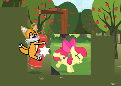 Size: 1013x720 | Tagged: safe, edit, edited screencap, screencap, character:apple bloom, species:fox, species:pony, apple tree, bedroom eyes, bloomails, bucking, cropped, crossover, cute, determined, duo, female, filly, grin, male, miles "tails" prower, punching bag, smiling, sonic the hedgehog (series), tailsabetes, this will end in pain, tree