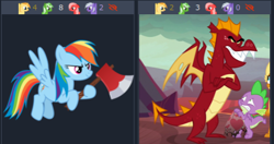 Size: 458x241 | Tagged: safe, edit, edited screencap, screencap, character:garble, character:rainbow dash, character:smolder, character:spike, oc, oc:comment, oc:downvote, oc:favourite, oc:upvote, species:dragon, species:pegasus, species:pony, derpibooru, derpibooru ponified, episode:sweet and smoky, g4, my little pony: friendship is magic, angry, axe, bully, implied murder, juxtaposition, juxtaposition win, meme, meta, ponified, scared, weapon, winged spike