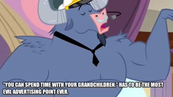 Size: 886x500 | Tagged: safe, edit, edited screencap, screencap, character:iron will, episode:once upon a zeppelin, g4, my little pony: friendship is magic, caption, family, grandchildren, grandparents, image macro, male, old man, old people, old woman, senior citizen, solo, text