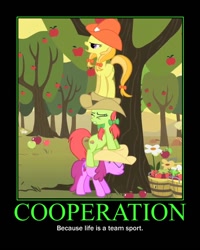 Size: 600x750 | Tagged: safe, edit, edited screencap, screencap, character:berry punch, character:berryshine, character:jonagold, character:peachy sweet, species:earth pony, species:pony, episode:over a barrel, g4, my little pony: friendship is magic, apple family member, apple tree, background pony, clothing, cowboy hat, female, hat, mare, motivational poster, pony pile, tower of pony, tree