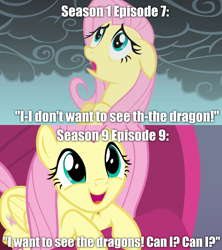 Size: 1280x1440 | Tagged: safe, edit, edited screencap, screencap, character:fluttershy, species:pegasus, species:pony, episode:dragonshy, episode:sweet and smoky, g4, my little pony: friendship is magic, caption, character development, comparison, female, image macro, mare, text