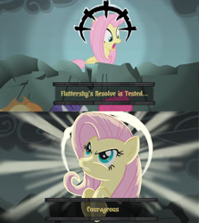 Size: 1280x1438 | Tagged: safe, edit, edited screencap, screencap, character:applejack, character:fluttershy, character:pinkie pie, character:rarity, episode:dragonshy, g4, my little pony: friendship is magic, courageous, crepuscular rays, darkest dungeon, halo, how dare you?, light, text, video game, video game reference