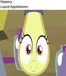 Size: 594x689 | Tagged: safe, edit, edited screencap, screencap, character:apple bloom, species:pony, episode:brotherhooves social, g4, my little pony: friendship is magic, cartoon physics, cropped, drip, dripping, female, meme, solo, squish