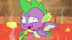 Size: 1920x1080 | Tagged: safe, edit, edited screencap, screencap, character:spike, species:dragon, episode:sweet and smoky, g4, my little pony: friendship is magic, abuse, bloodshot eyes, lava, male, out of context, solo, spikeabuse, vomit, winged spike