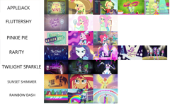 Size: 1280x766 | Tagged: safe, edit, edited screencap, screencap, character:applejack, character:fluttershy, character:pinkie pie, character:rainbow dash, character:rarity, character:spike, character:spike (dog), character:sunset shimmer, character:twilight sparkle, character:twilight sparkle (scitwi), species:dog, species:eqg human, episode:coinky-dink world, episode:five to nine, episode:life is a runway, episode:mad twience, episode:my past is not today, episode:run to break free, episode:shake things up!, episode:so much more to me, episode:the other side, eqg summertime shorts, g4, my little pony: equestria girls, my little pony:equestria girls, spoiler:eqg series (season 2), female, male, music video, smiling