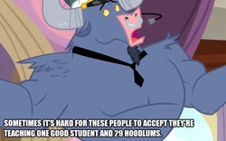 Size: 801x500 | Tagged: safe, edit, edited screencap, screencap, character:iron will, species:minotaur, episode:once upon a zeppelin, g4, my little pony: friendship is magic, caption, class, image macro, male, school, solo, teacher, text