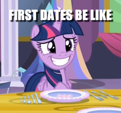 Size: 804x751 | Tagged: safe, edit, edited screencap, screencap, character:twilight sparkle, character:twilight sparkle (alicorn), species:alicorn, species:pony, episode:no second prances, g4, my little pony: friendship is magic, caption, cropped, dork, female, fork, grin, image macro, knife, nervous, nervous grin, plate, smiling, solo, spoon, text, twilight's castle