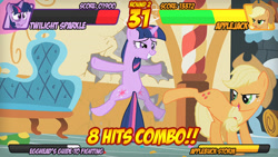Size: 700x394 | Tagged: safe, edit, edited screencap, screencap, character:applejack, character:twilight sparkle, species:pony, fighting is magic, episode:party of one, g4, my little pony: friendship is magic, bucking, crash, dizzy, fighting game, health bars, marvel vs capcom, ouch