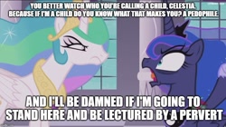 Size: 888x499 | Tagged: safe, edit, edited screencap, screencap, character:princess celestia, character:princess luna, episode:a royal problem, g4, my little pony: friendship is magic, argument, bags under eyes, caption, family guy, image macro, text
