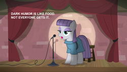 Size: 1280x720 | Tagged: safe, edit, edited screencap, screencap, character:maud pie, species:earth pony, species:pony, episode:the maud couple, g4, my little pony: friendship is magic, dark comedy, female, mare, maud the comedian, microphone, solo, spotlight, stand-up comedy