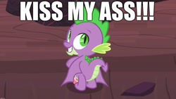 Size: 1920x1080 | Tagged: safe, edit, edited screencap, screencap, character:spike, species:dragon, episode:sweet and smoky, g4, my little pony: friendship is magic, butt, caption, dragonbutt, excessive exclamation marks, image macro, kiss my ass, male, smiling, solo, text, vulgar, winged spike