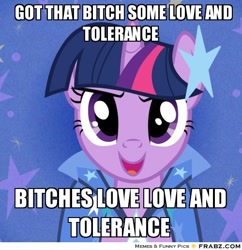 Size: 500x516 | Tagged: safe, edit, edited screencap, screencap, character:twilight sparkle, species:pony, species:unicorn, episode:the best night ever, g4, my little pony: friendship is magic, abstract background, bust, clothing, cropped, dress, female, gala dress, love and tolerance, meme, motivational poster, portrait, solo, stars, vulgar