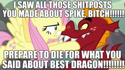 Size: 1920x1080 | Tagged: safe, edit, edited screencap, screencap, character:fluttershy, character:garble, episode:sweet and smoky, g4, my little pony: friendship is magic, aggressive, angry, big sister instinct, caption, death threat, excessive exclamation marks, flutterbold, go to sleep garble, image macro, implied spike, implied spikeabuse, scared, shitposting, spikeabuse, spikelove, spikeposting, text, threat, vulgar