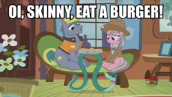 Size: 797x449 | Tagged: safe, edit, edited screencap, screencap, character:hard hat, character:wrangler, species:pony, episode:fluttershy leans in, g4, my little pony: friendship is magic, animal, bow tie, caption, clothing, food, hard hat, hat, image macro, rupert, sandwich, skunk stripe, snake, text