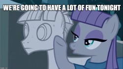 Size: 888x499 | Tagged: safe, edit, edited screencap, screencap, character:maud pie, character:mudbriar, species:earth pony, species:pony, ship:maudbriar, episode:student counsel, agalmatophilia, caption, cartoonito logo, female, image macro, male, mare, meme, petrification, rock, rockbriar, shipping, statue, straight, text, that pony sure does love rocks