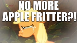 Size: 2048x1152 | Tagged: safe, edit, edited screencap, screencap, character:applejack, species:earth pony, species:pony, episode:going to seed, g4, my little pony: friendship is magic, apple fritter (food), caption, crying, female, filly, filly applejack, food, image macro, sad, teary eyes, text, younger