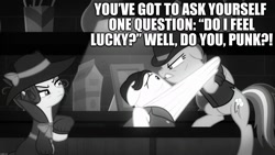 Size: 1920x1080 | Tagged: safe, edit, edited screencap, screencap, character:rainbow dash, character:rarity, episode:sparkle's seven, g4, my little pony: friendship is magic, bartender, black and white, caption, detective rarity, dirty harry, grayscale, image macro, investigator dash, monochrome, noir, quote, text