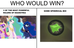 Size: 800x522 | Tagged: safe, edit, edited screencap, screencap, character:princess cadance, character:princess celestia, character:princess luna, species:alicorn, species:pony, my little pony: the movie (2017), cropped, crown, female, jewelry, mare, meme, obsidian orb, open mouth, regalia, who would win