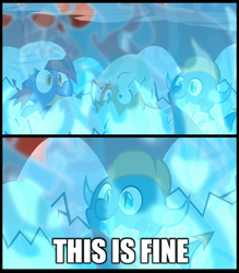 Size: 980x1120 | Tagged: safe, edit, edited screencap, screencap, species:dragon, episode:sweet and smoky, g4, my little pony: friendship is magic, baby, baby dragon, caption, dragon egg, image macro, text, this is fine