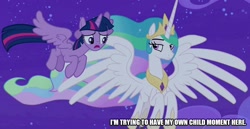 Size: 968x500 | Tagged: safe, edit, edited screencap, screencap, character:princess celestia, character:twilight sparkle, character:twilight sparkle (alicorn), species:alicorn, species:pony, episode:horse play, g4, my little pony: friendship is magic, caption, cloud, crown, flying, horn, image macro, jewelry, night, night sky, princess, regalia, sky, stars, text, wings