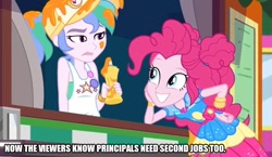 Size: 860x500 | Tagged: safe, edit, edited screencap, screencap, character:pinkie pie, episode:five lines you need to stand in, g4, my little pony: equestria girls, my little pony:equestria girls, spoiler:eqg series (season 2), caption, food truck, image macro, job, moonlighting, not celestia, summer solstice (character), text, work