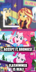 Size: 500x994 | Tagged: safe, edit, edited screencap, screencap, character:flash sentry, character:ginger owlseye, character:pinkie pie, character:sunset shimmer, character:trixie, ship:flashimmer, episode:five lines you need to stand in, g4, my little pony: equestria girls, my little pony:equestria girls, spoiler:eqg series (season 2), drama, drama bait, female, flash sentry drama, male, meme, op is a duck, op is trying to start shit, shipping, shipping fuel, straight, text, thunderbass, trolling