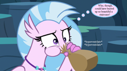 Size: 800x450 | Tagged: safe, edit, edited screencap, screencap, character:silverstream, episode:uprooted, g4, my little pony: friendship is magic, hyperventilating, jewelry, necklace, paper bag, text, that hippogriff sure does love stairs, thought bubble, twilighting, unsound effect