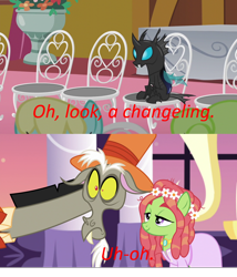 Size: 802x935 | Tagged: safe, edit, edited screencap, screencap, character:discord, character:tree hugger, species:changeling, species:pony, episode:make new friends but keep discord, episode:slice of life, g4, my little pony: friendship is magic, female, kevin (changeling), mare, meme