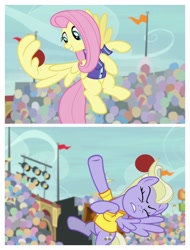 Size: 3106x4096 | Tagged: safe, edit, edited screencap, screencap, character:fluttershy, character:sweet buzz, species:pegasus, species:pony, episode:common ground, g4, my little pony: friendship is magic, ball, buckball, buckball uniform, clothing, female, las pegasus resident, mare, wing hands, wings