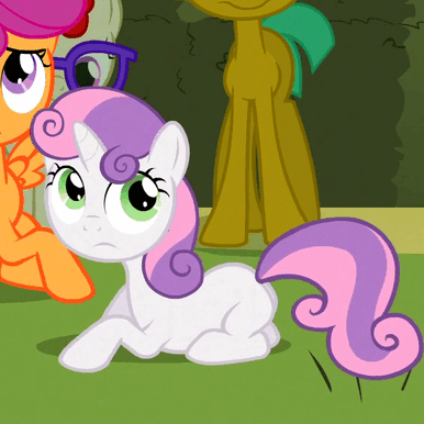 Size: 386x386 | Tagged: safe, edit, edited screencap, screencap, character:scootaloo, character:snails, character:sweetie belle, character:twist, species:earth pony, species:pegasus, species:pony, species:unicorn, episode:the return of harmony, g4, my little pony: friendship is magic, animated, butt, colt, cropped, dancing, female, filly, frown, gif, glasses, grass, looking at you, looking back, looking back at you, loop, male, out of context, perfect loop, plot, prone, season 2, sweetie butt