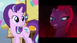 Size: 1280x720 | Tagged: safe, edit, screencap, character:starlight glimmer, character:tempest shadow, episode:triple threat, g4, my little pony: friendship is magic, my little pony: the movie (2017), animated, balloon, close-up, cropped, dubbing, glare, japanese, japanese dub, laughing, ponyville, smiling, sound, webm