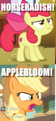 Size: 500x1076 | Tagged: safe, edit, edited screencap, screencap, character:apple bloom, character:applejack, episode:the perfect pear, g4, my little pony: friendship is magic, caption, cropped, cutie mark, horseradish, image macro, text, the cmc's cutie marks, vulgar