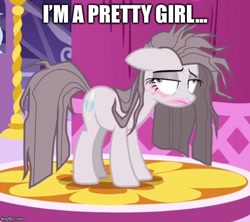 Size: 562x500 | Tagged: safe, edit, edited screencap, screencap, character:pinkamena diane pie, character:pinkie pie, species:pony, episode:yakity-sax, g4, my little pony: friendship is magic, captioned, cropped, depressed, derp, fashion disaster, female, makeup, mare, meme